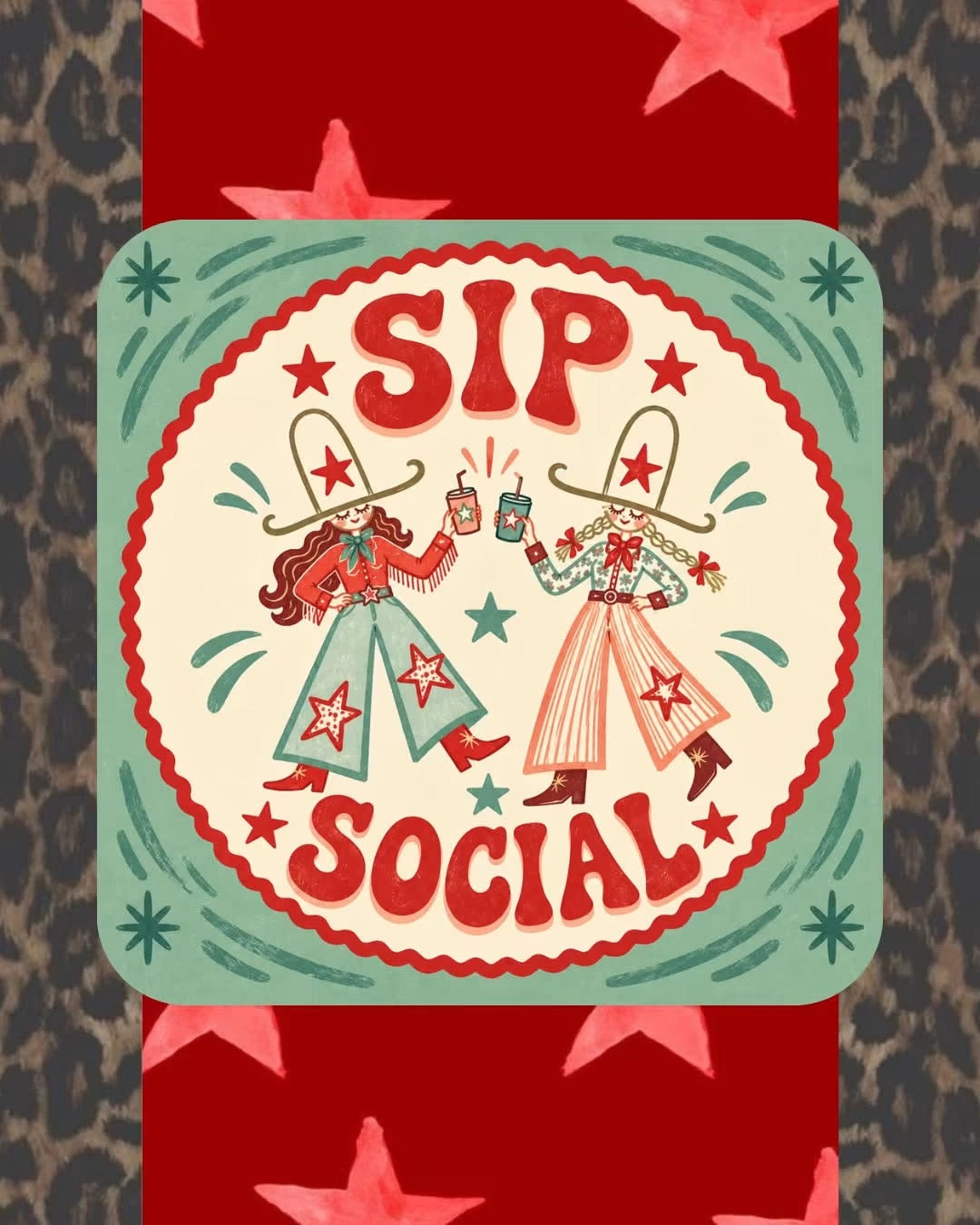 Sip Social vintage cowgirls with cherry red stars, mint green and cream